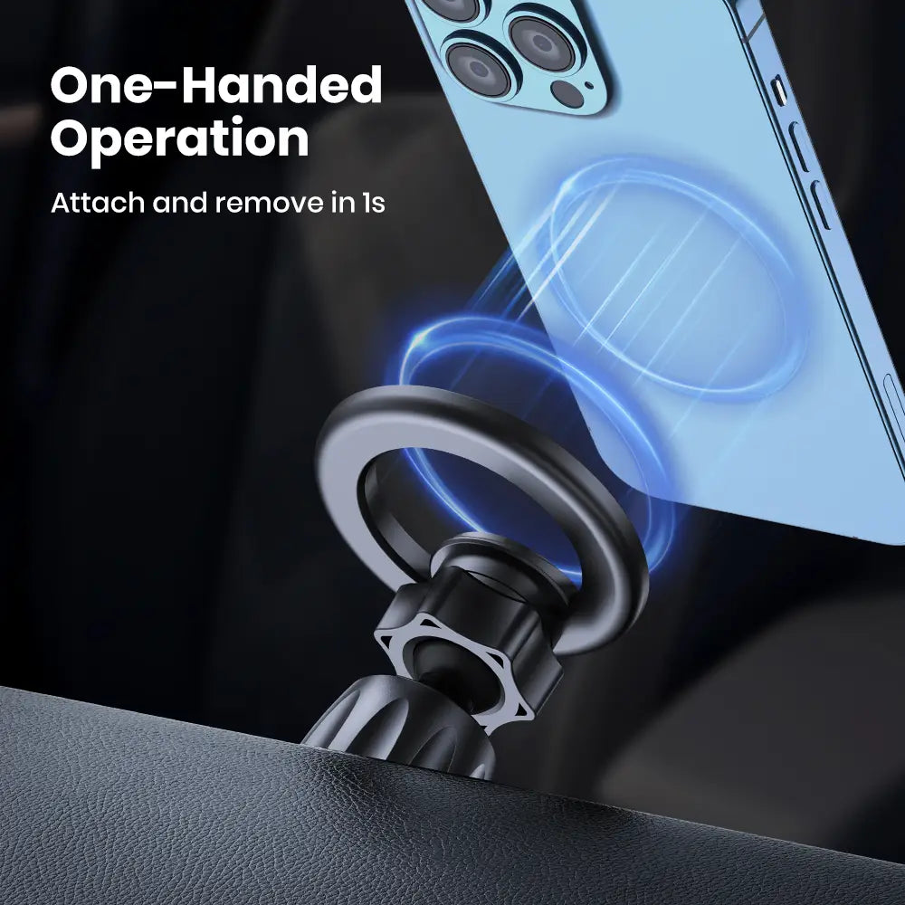Schwarzer magnetischer Telefonring mit schlankem modernem Design für die Einhandbedienung, gezeigt auf der Rückseite des Topk magnetischen KFZ-Handyhalters für Magsafe.