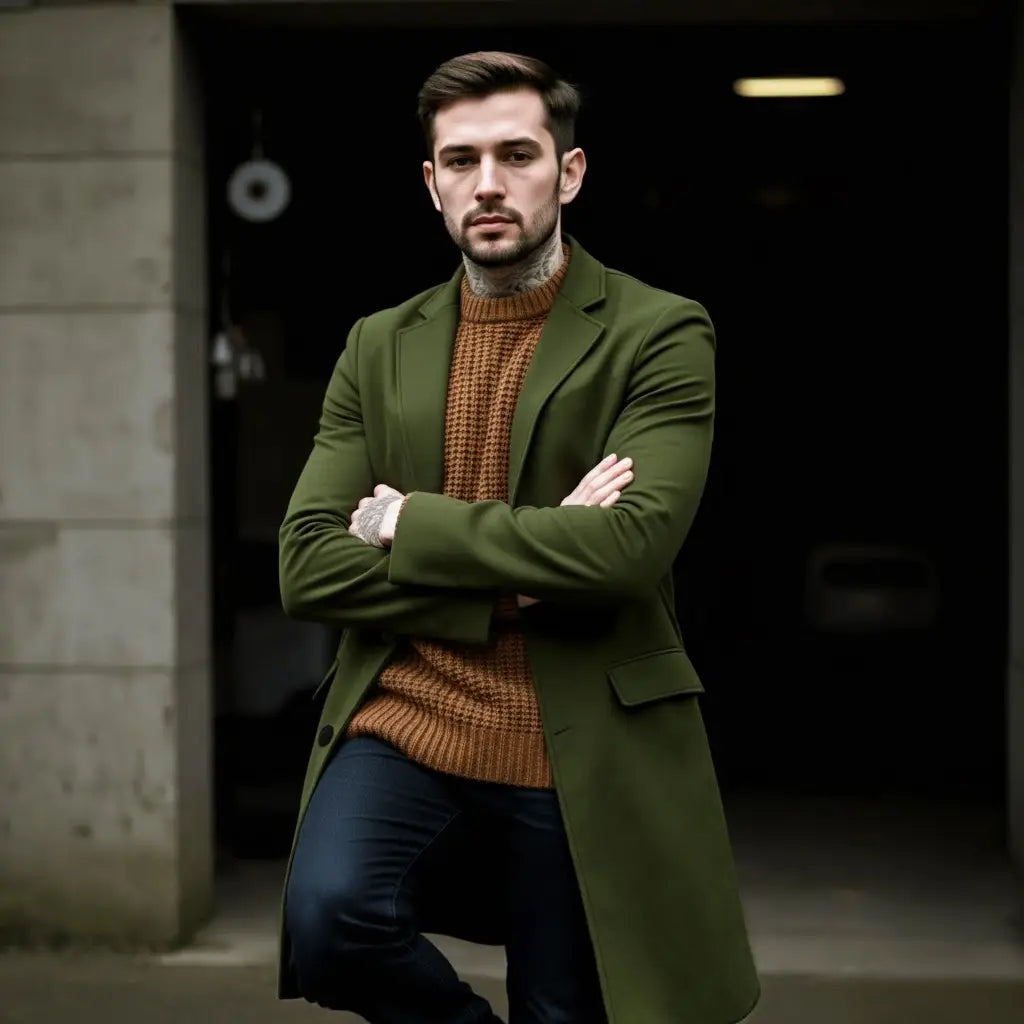Manteau d’hiver en laine à simple boutonnage pour homme en vert olive, col structuré et poches avant.