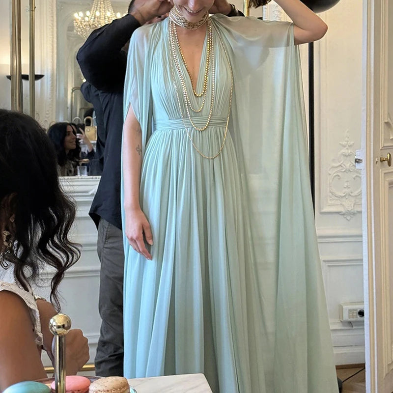 Elegant Bridesmaid Wedding Guest Party Dresses Women White Chiffon Evening Maxi Dress Deep V‑Neck Cape Sleeve Long Pleated Gowns