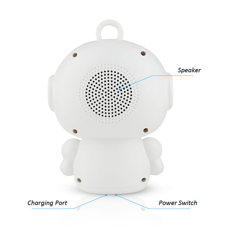 Altavoz Bluetooth con forma de búho de plástico blanco, con rejilla circular perforada y orejas redondeadas, diseñado como un juguete de robot inteligente con IA para niños compatible con las funciones de la aplicación Smart Life y del modo de chat.