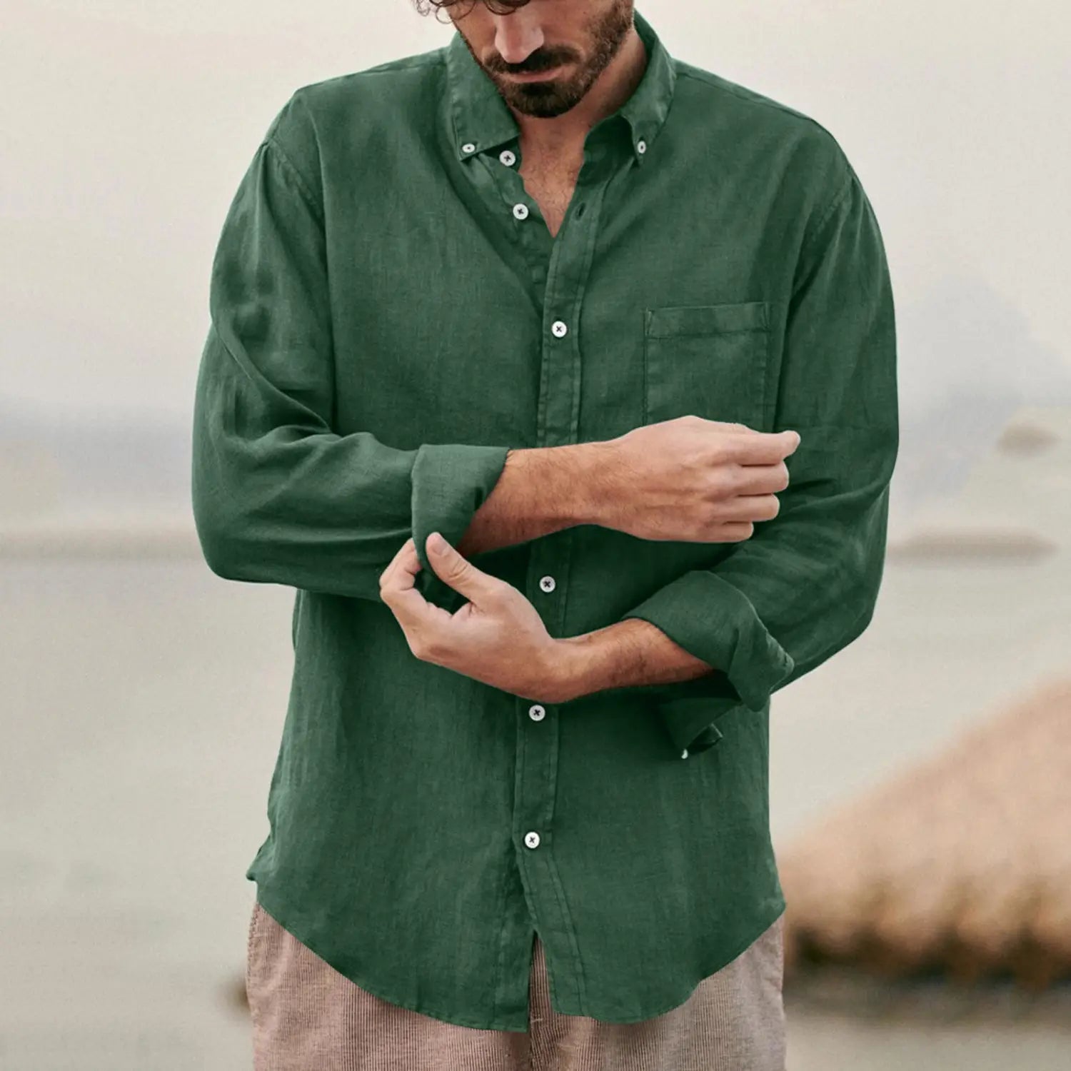 dark green men linen blend casual shirt with long sleeves white buttons and chest pocket