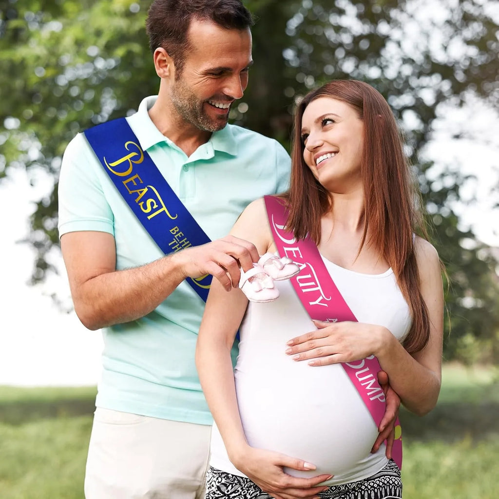 Mom to Be & Dad to Be Baby Shower Sash - Beauty and the Bump Sash | Beast Behind The Bump Sash for Gender Reveal Party Decoratio