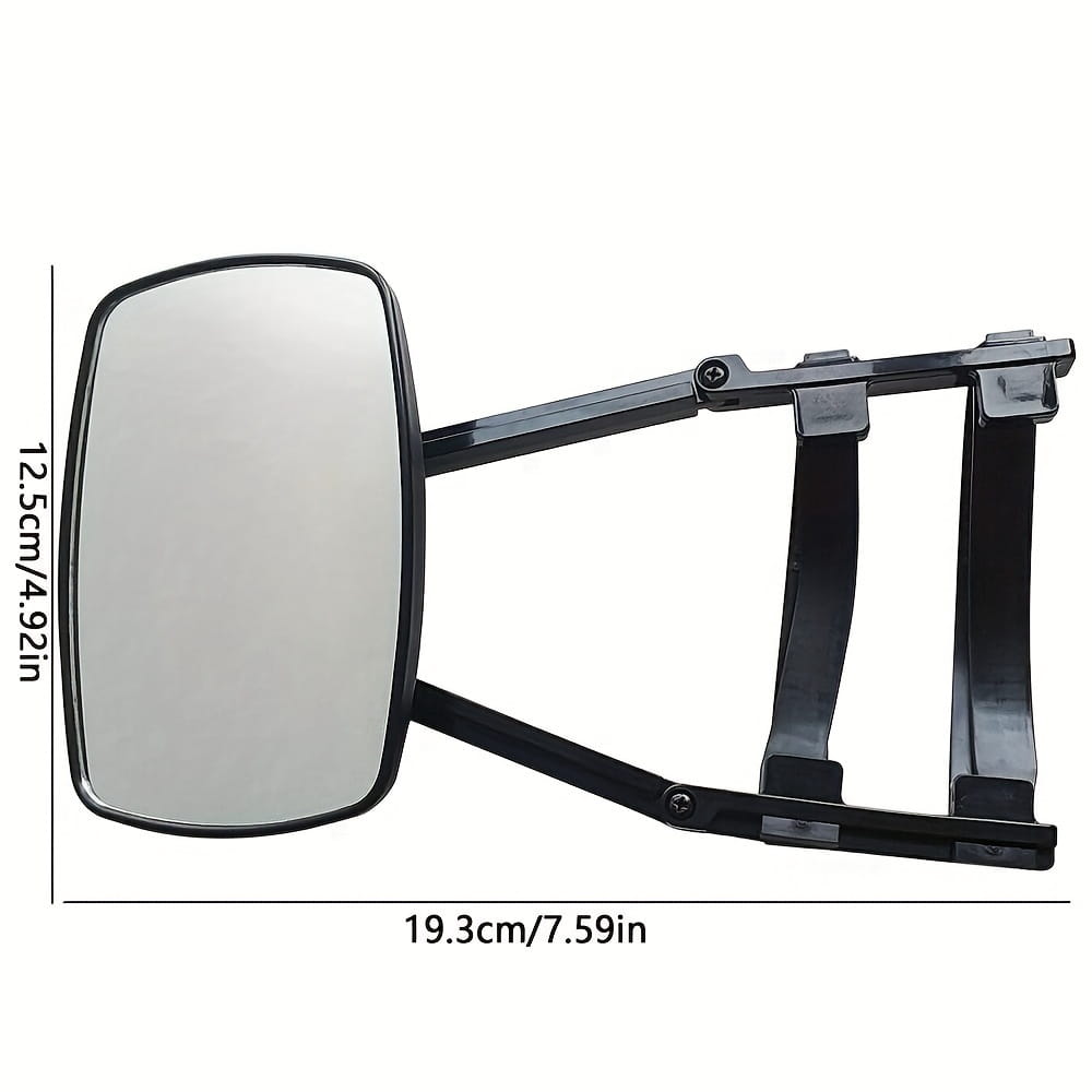 Clip rectangular negro para la extensión del retrovisor de enganche, con superficie reflectante y brazo ajustable, para autocaravanas y camiones, mostrado desde el lado posterior.
