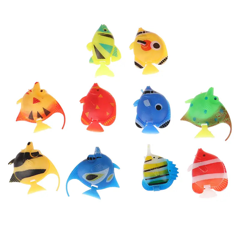 colorful plastic floating fish toys with vibrant patterns and glossy finishes designed as aquarium fish decor in a 10 pack set