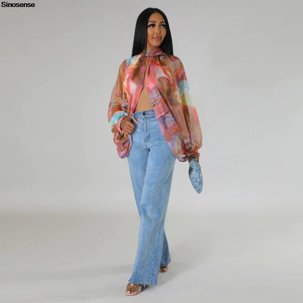 Women Chiffon Blouses Sexy Sheer See Through Front Back Open High Neck Self Tie Shawl Casual Shirts Y2K Night Club Party Tops