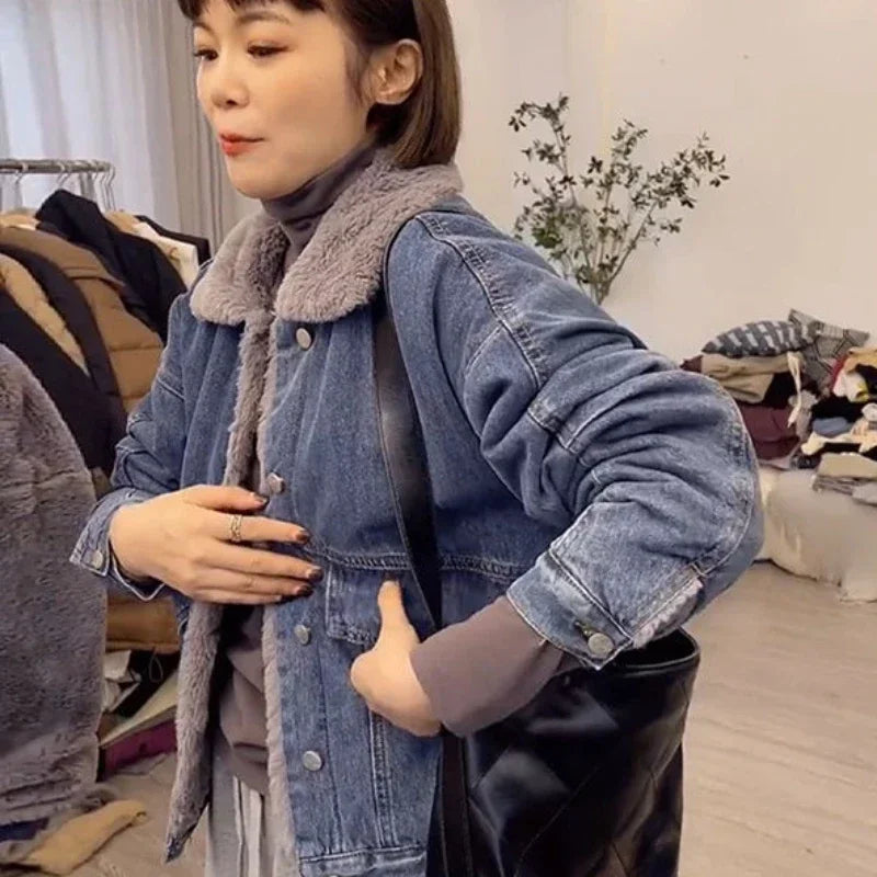 Woman Jean Coat Wool Inside Warm Denim Jacket for Women Outerwear with Fur Plush Patchwork Winter 2025 Cold Blue Padded Harajuku