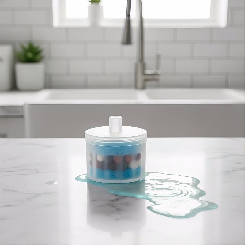 Transparent plastic cat water fountain filter with a white lid and central tube filled with blue and multicolored spherical beads for drinking water purification in a 5 pack replacement set.