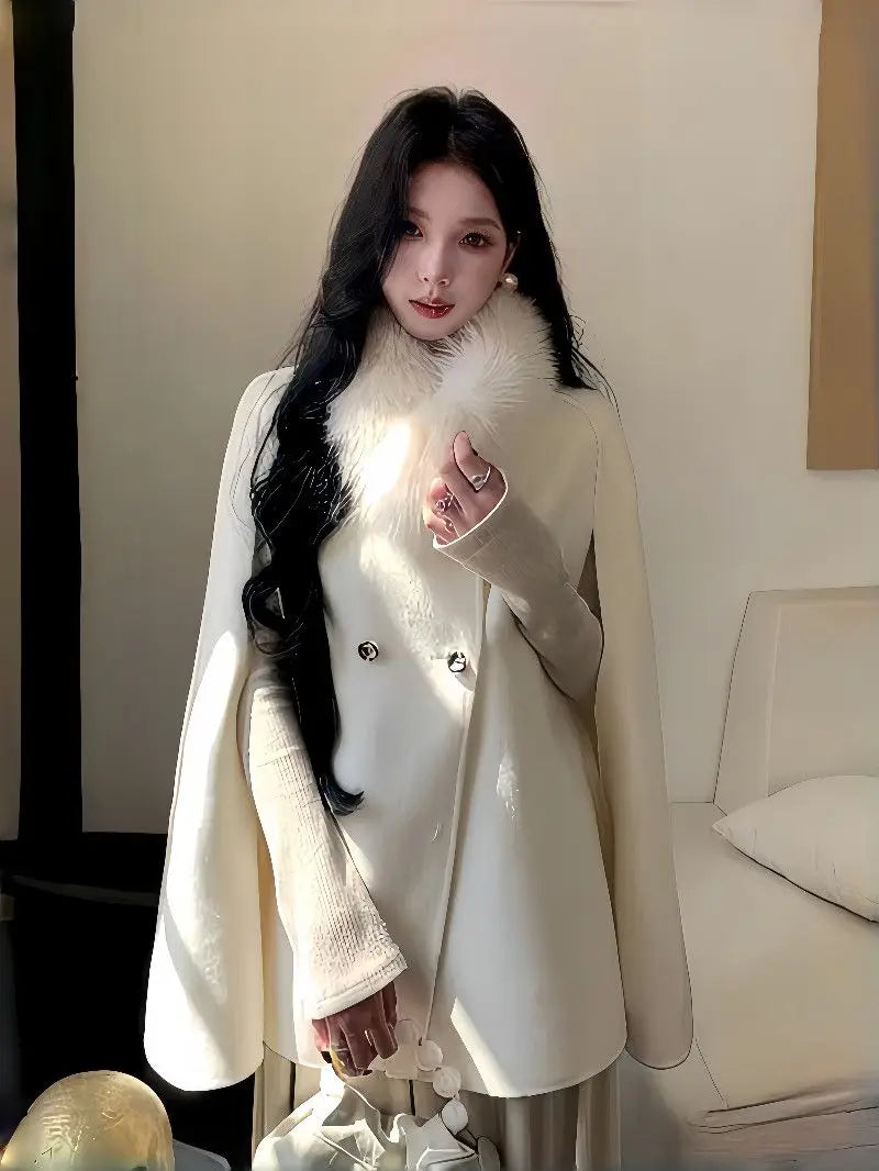 Women's Temperament Cape Woolen Coat Women's Autumn Winter New High-End Versatile Short Fur Collar Woolen Coat Double-Breasted