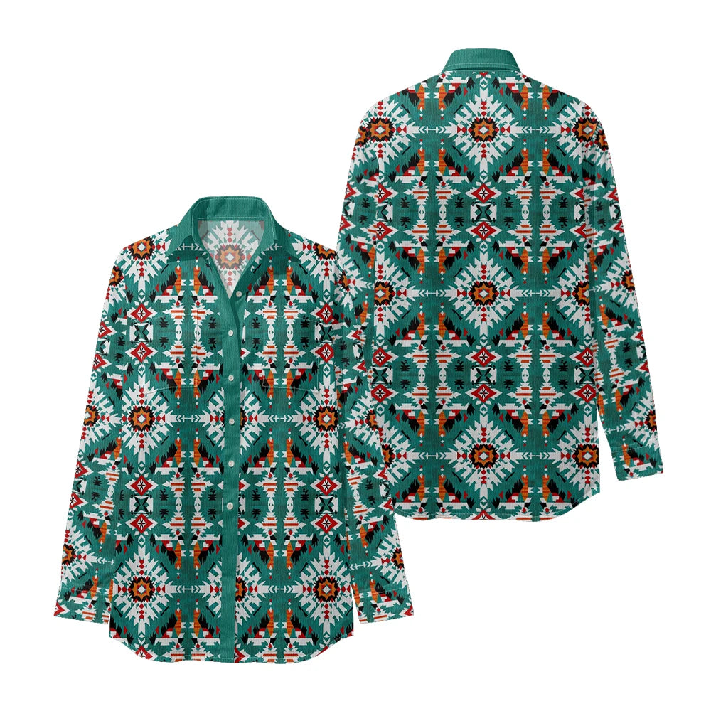 Ethnic-Inspired Long-Sleeve Women Shirt with Aztec Geometric Pattern Printed Front 2 Pockets Button-Up Retro Tribal Casual Style
