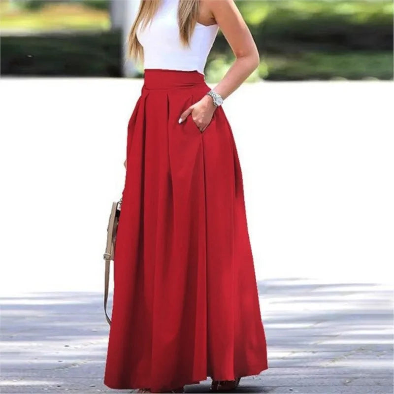 Long Skirts For Women Spring Summer High-waist Solid Color Long Skirt Women's Pocket Commuting A-line Pleated Fashion Long Skirt