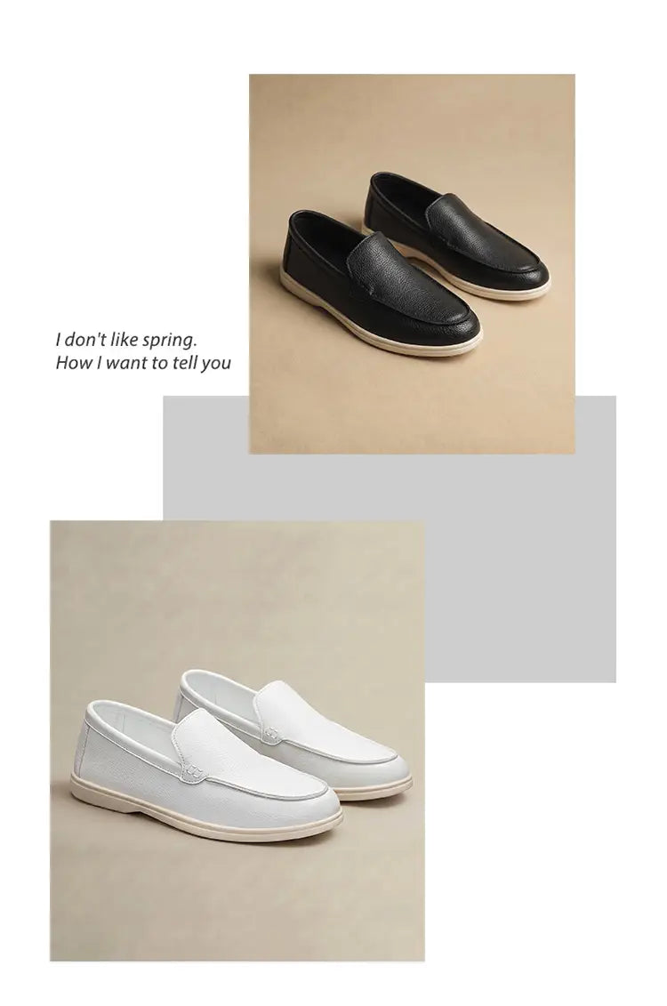 Mocassins à enfiler en cuir noir pour hommes, avec une semelle en caoutchouc blanc et des détails de surpiqûres discrets pour un usage décontracté
