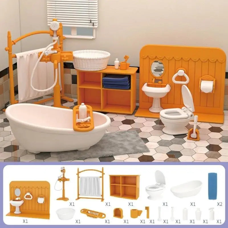Orangefarbenes Kunststoff-Miniatur-Puppenhaus-Badset mit weißer Badewanne, Waschbecken und Toilette für den Maßstab 1:12