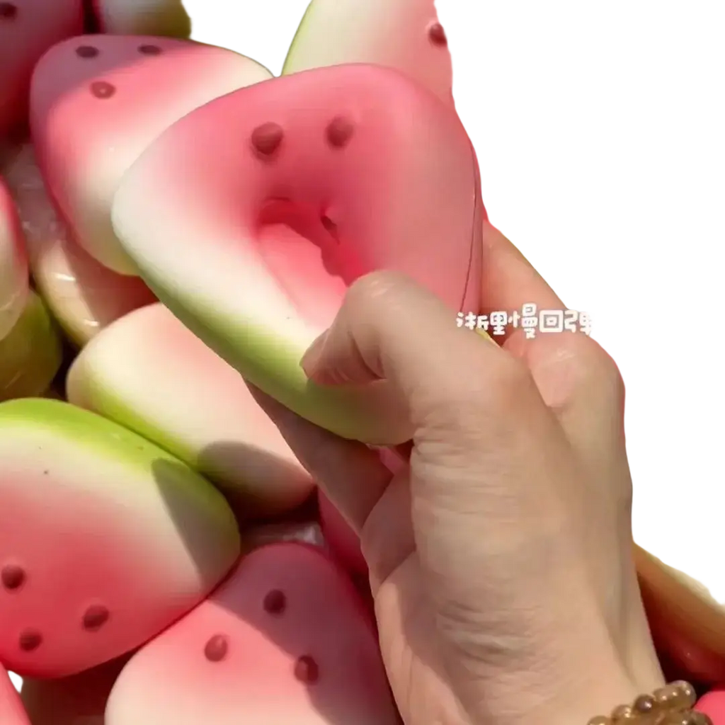 A pink and green watermelon-shaped slow rising squishy fidget toy with black seed details front view