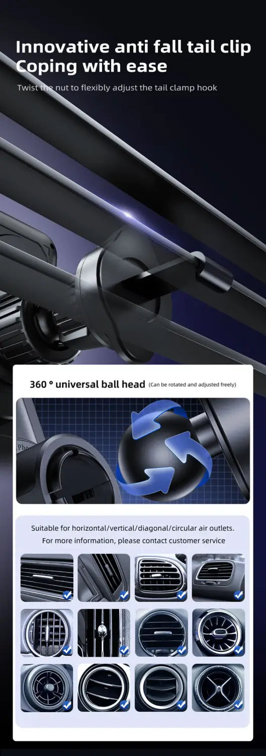 black metallic tail clip with a twist-lock nut for easy adjustment shown on the back side of a wireless car phone charger mount 15w compatible with various car air vent types.