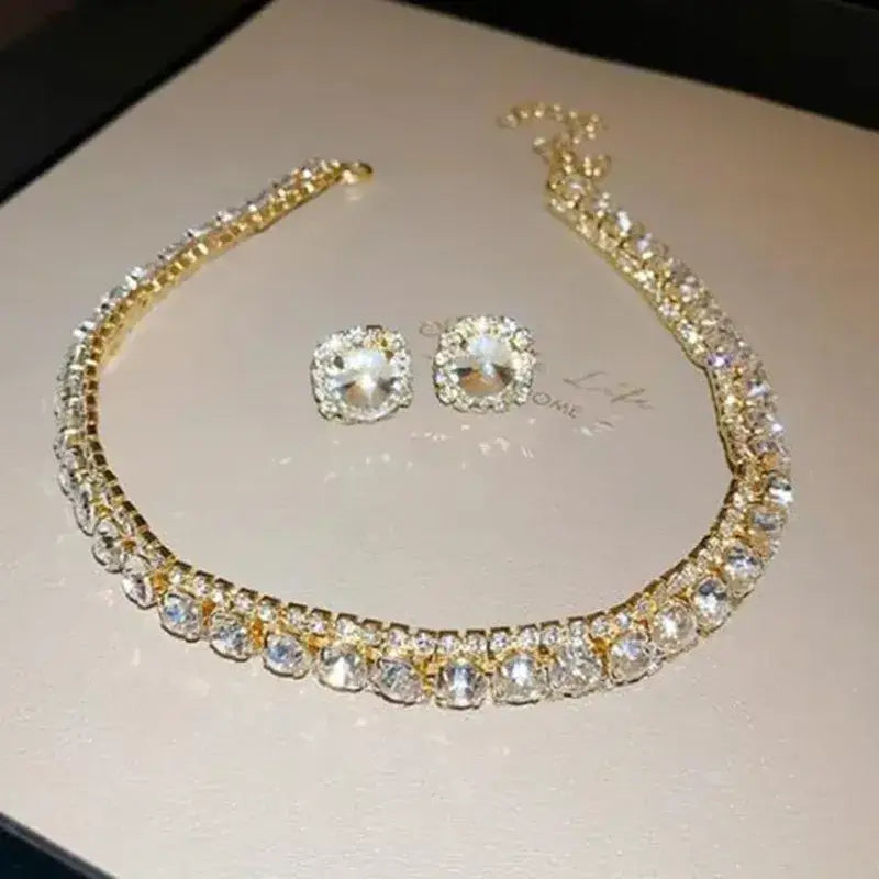 Gold-toned choker necklace with a row of sparkling clear crystals and matching stud earrings crystal necklace and earring set pink ab wedding jewelry.