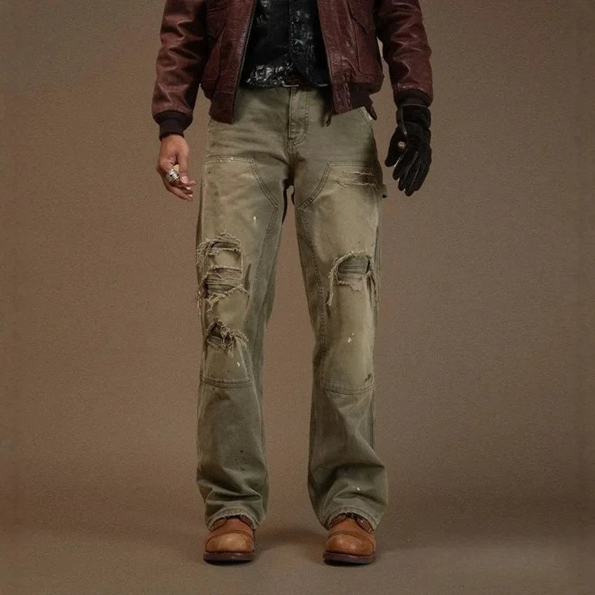 2026 New Men's Denim Trousers Trendy High Street Heavy Holes Old Loose Retro Straight Pants