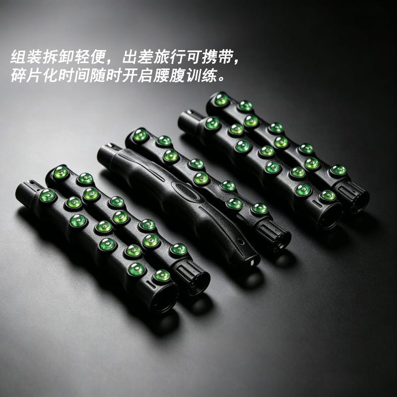 black ergonomic massage sticks with embedded green jade-like beads featured as part of a weighted magnetic fitness hoop for waist shaping