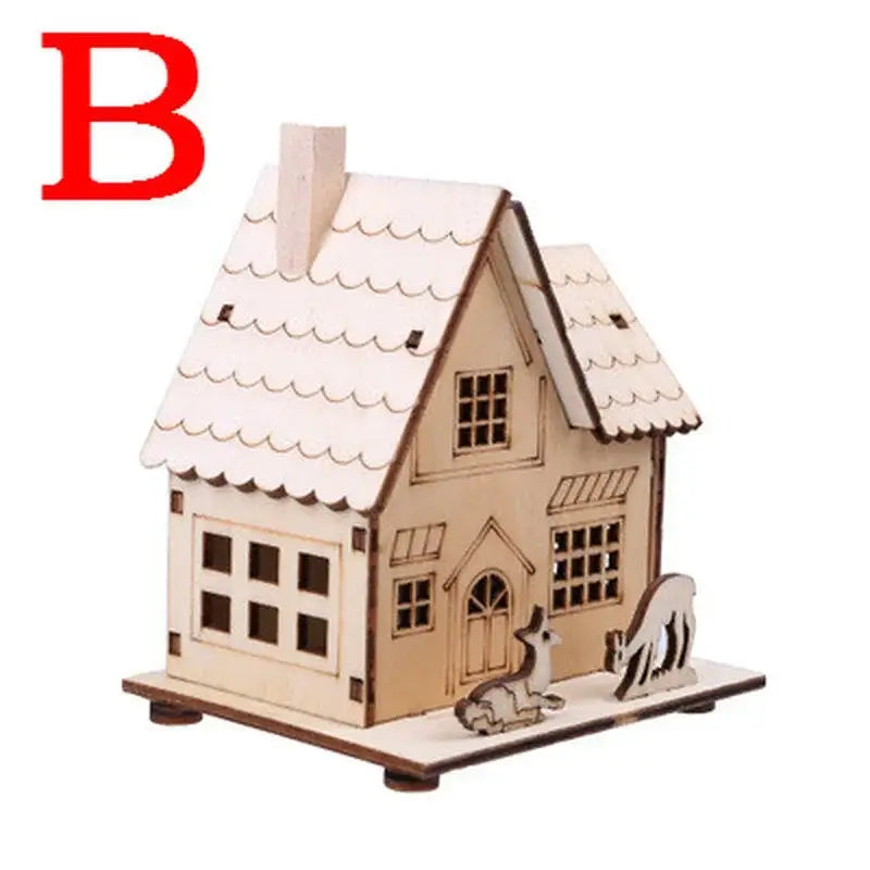 Ornement de sapin de Noël en bois de maison à LED de couleur claire, charmant, avec une toiture à bordure festonnée, des fenêtres et une porte détaillées, ainsi que de petites figures d’animaux sur le porche, idéal comme décoration de fenêtre DIY ou comme cadeau DIY pour la maison.