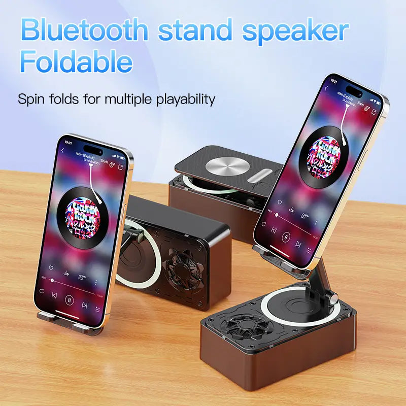 Black foldable bluetooth speaker phone stand for cell phone with circular base and adjustable arm
