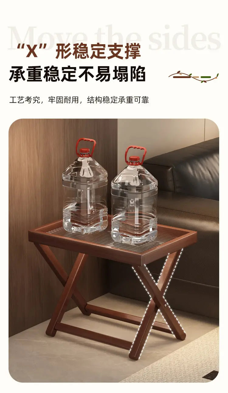 Brown wooden folding side table with mesh top and x-shaped legs highlighting product selling points of foldable glass side table wood frame.