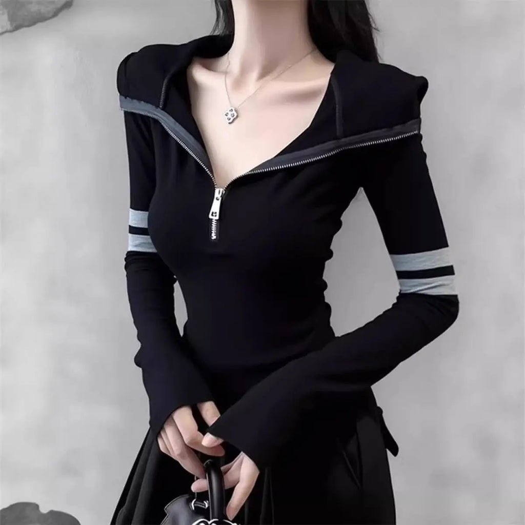 Autumn Winter Women's Sweet Spicy Retro Striped Zipper Hoodie Base Shirt Long Sleeve Inner Wear Casual Style High Waist T-Shirt