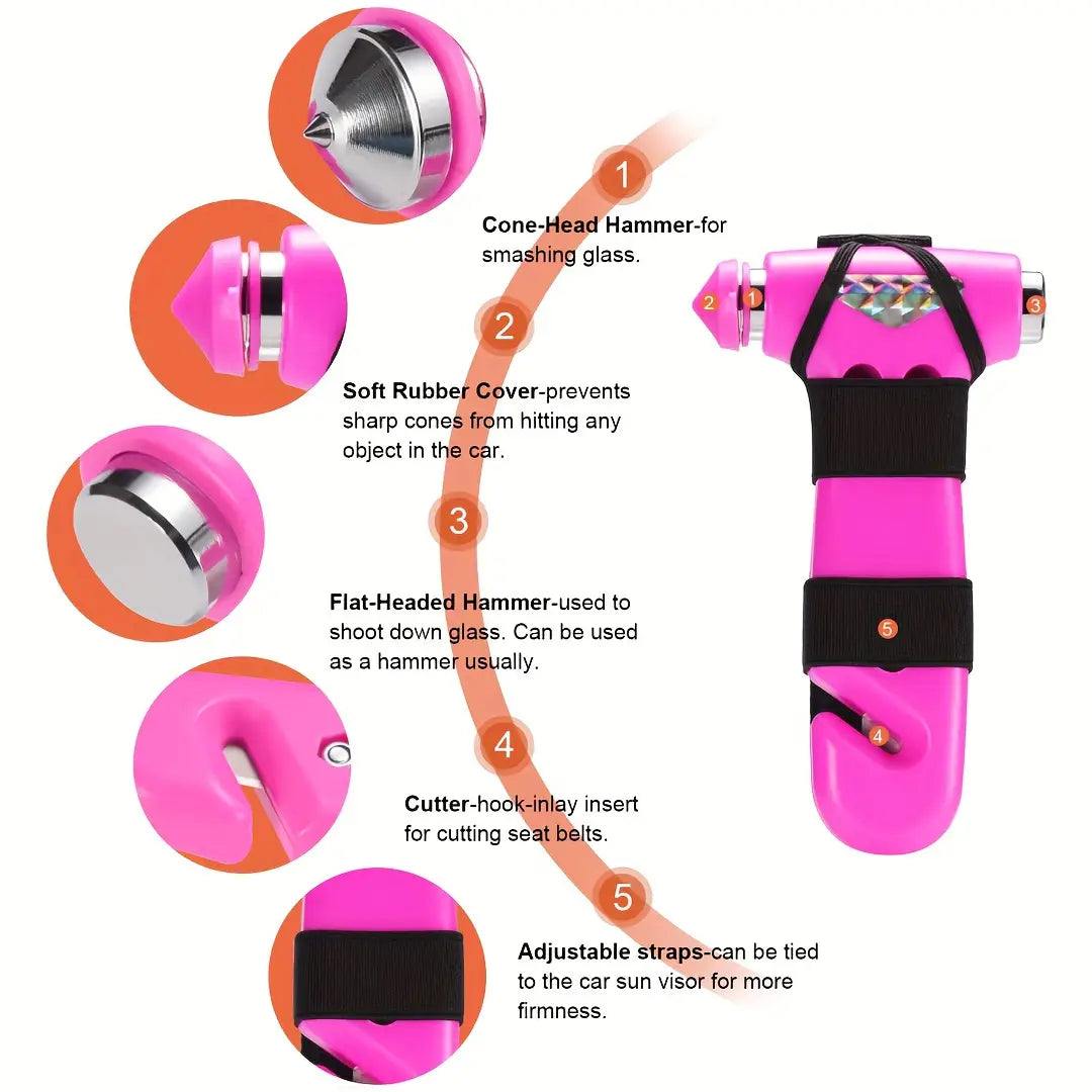 Herramienta de escape de emergencia tipo martillo de seguridad para automóvil con mango rosa brillante, cabezal cónico para romper vidrio, martillo de cabeza plana y inserto de gancho para cortar para emergencias del vehículo.