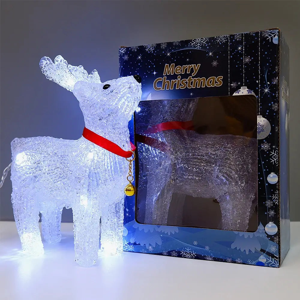 Beleuchtetes weißes LED-Rentier-Weihnachtsornamentlicht mit rotem Halsband und goldener Glocke.