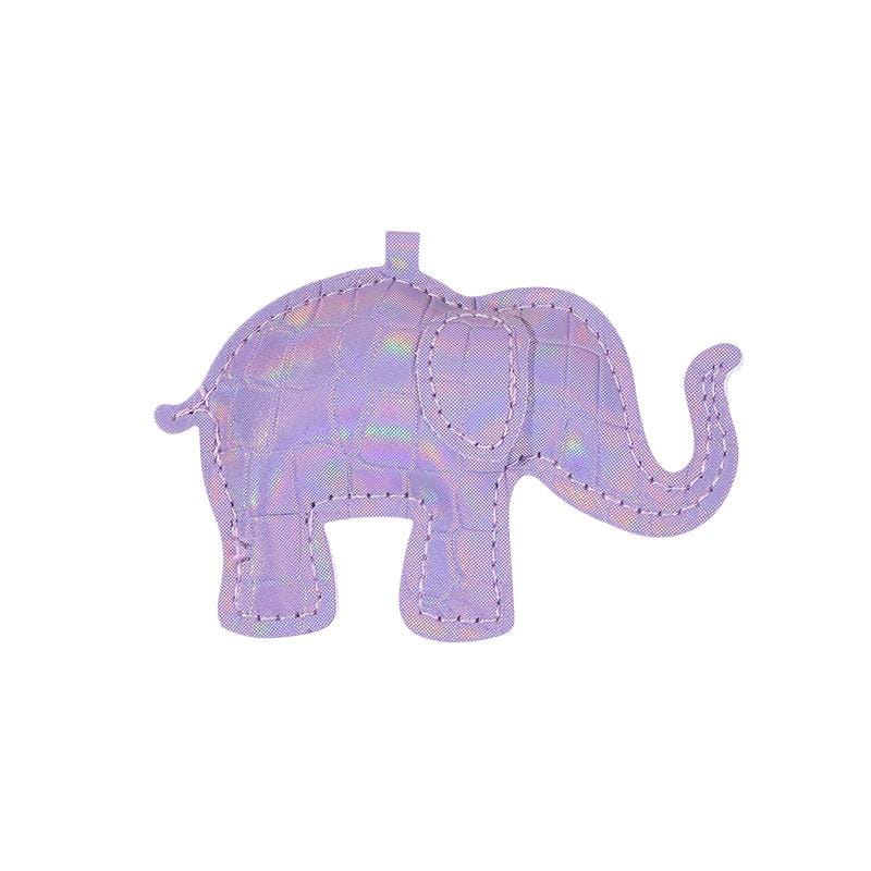 A lavender holographic pu leather elephant keychain with stitched detailing and a small loop for diy animal charm use.