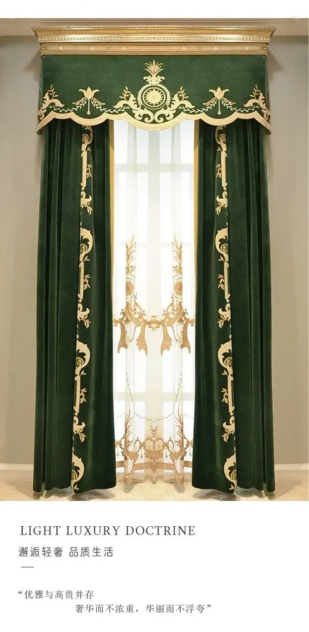 deep emerald green velvet curtains with intricate gold embroidery and matching valance featuring ornate floral and scrollwork patterns with tassel tieback beads in a french green velvet embroidered curtains design
