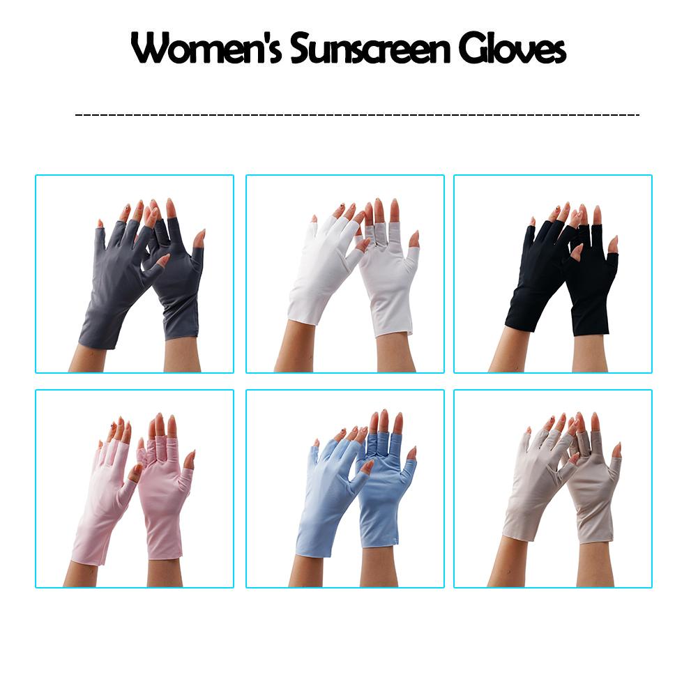 women’s uv protection fingerless sunscreen driving gloves in six colors including black white pink light blue and two shades of gray made from lightweight fabric.