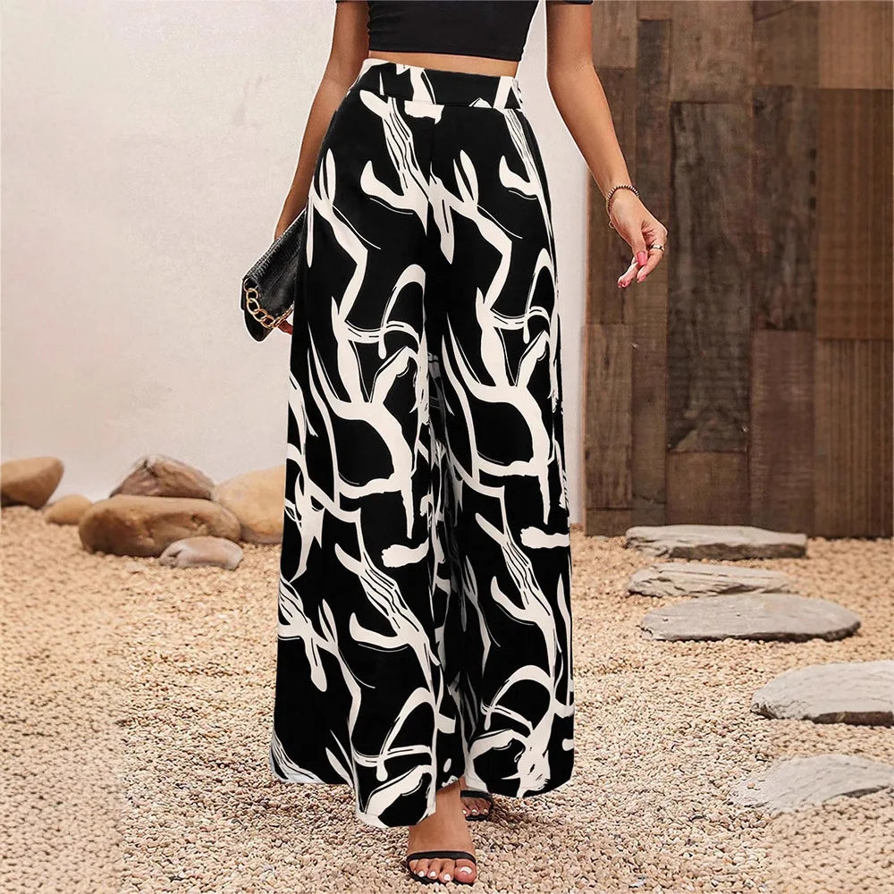 Women High Waist Wide Leg Pants Boho Floral Print Loose Summer Beach Vacation Resort Casual Palazzo Trousers