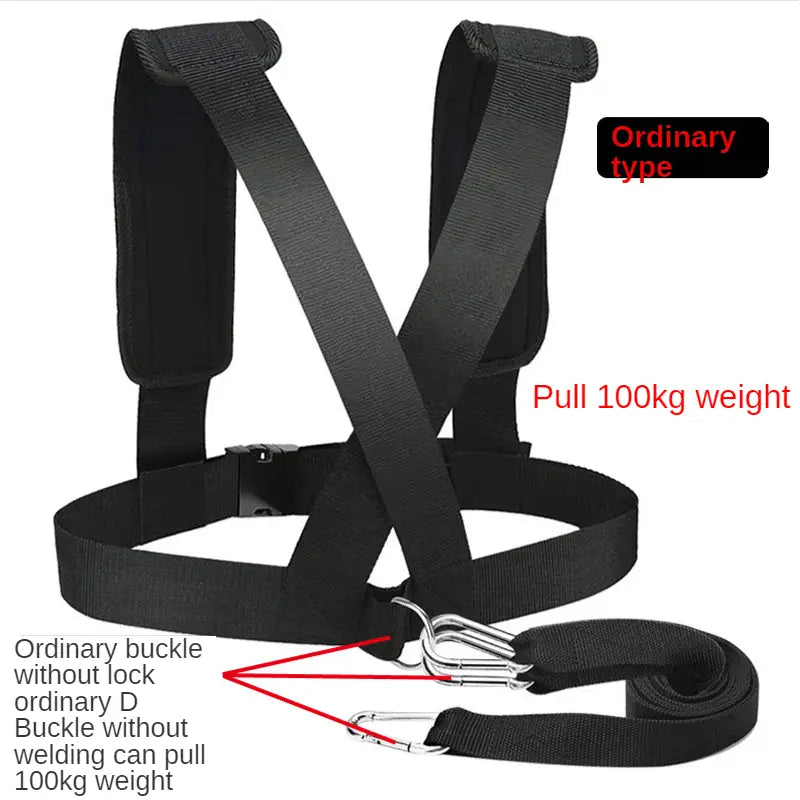 Black fabric agility training resistance harness sled pull strap with metal carabiners designed for pulling up to 100kg weight.