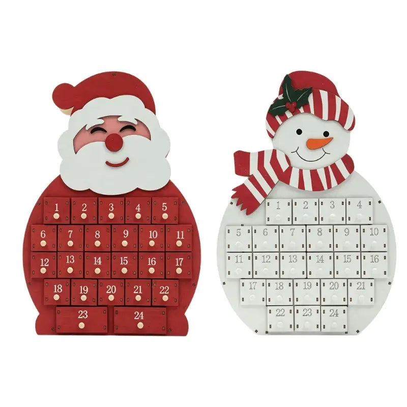 Weihnachtlicher Holz-Adventskalender mit LED-Schubladen, mit roten Holzfiguren des Weihnachtsmanns und weißen Schneemann-Designs sowie nummerierten Fächern zur festlichen Nutzung in der Weihnachtszeit.