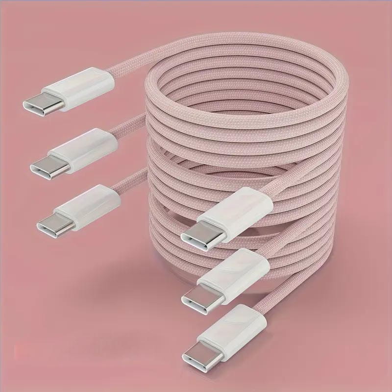 Ein geschwungenes rosafarbenes (Blush) geflochtenes USB‑C‑Schnellladekabel mit weißen Anschlüssen, ausgelegt für 60 W Power Delivery, verkauft im 3er‑Pack.