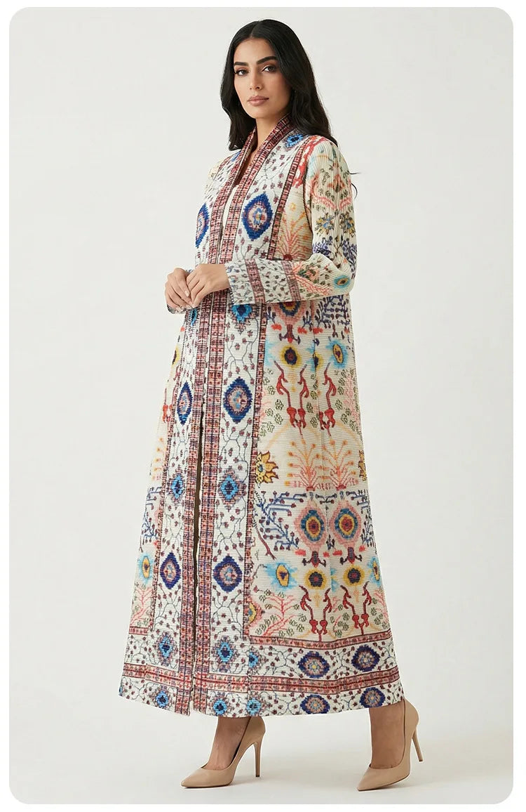 Middle Eastern Abaya robe geometric print dress, foreign trade cross-border retro striped bohemian pleated cardigan long skirt