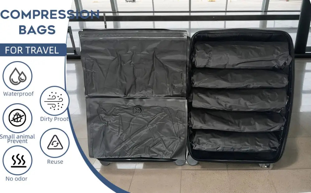 Sacs sous vide à enrouler noirs pour les voyages, fabriqués à partir d’un matériau imperméable et anti-saletés, conçus pour protéger le contenu pendant le transport, dans un style de sac de stockage sous vide