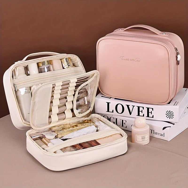 Spacious Double-Layer Travel Makeup Bag Durable Faux Leather with Clear Compartments Storage Bag for Women's Beauty Essentials