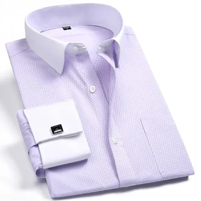 Men's Collar French Cuff Dress Shirts Business Contrast  Single Patch Pocket Regular-fit Long Sleeve Social Wedding Party Shirt