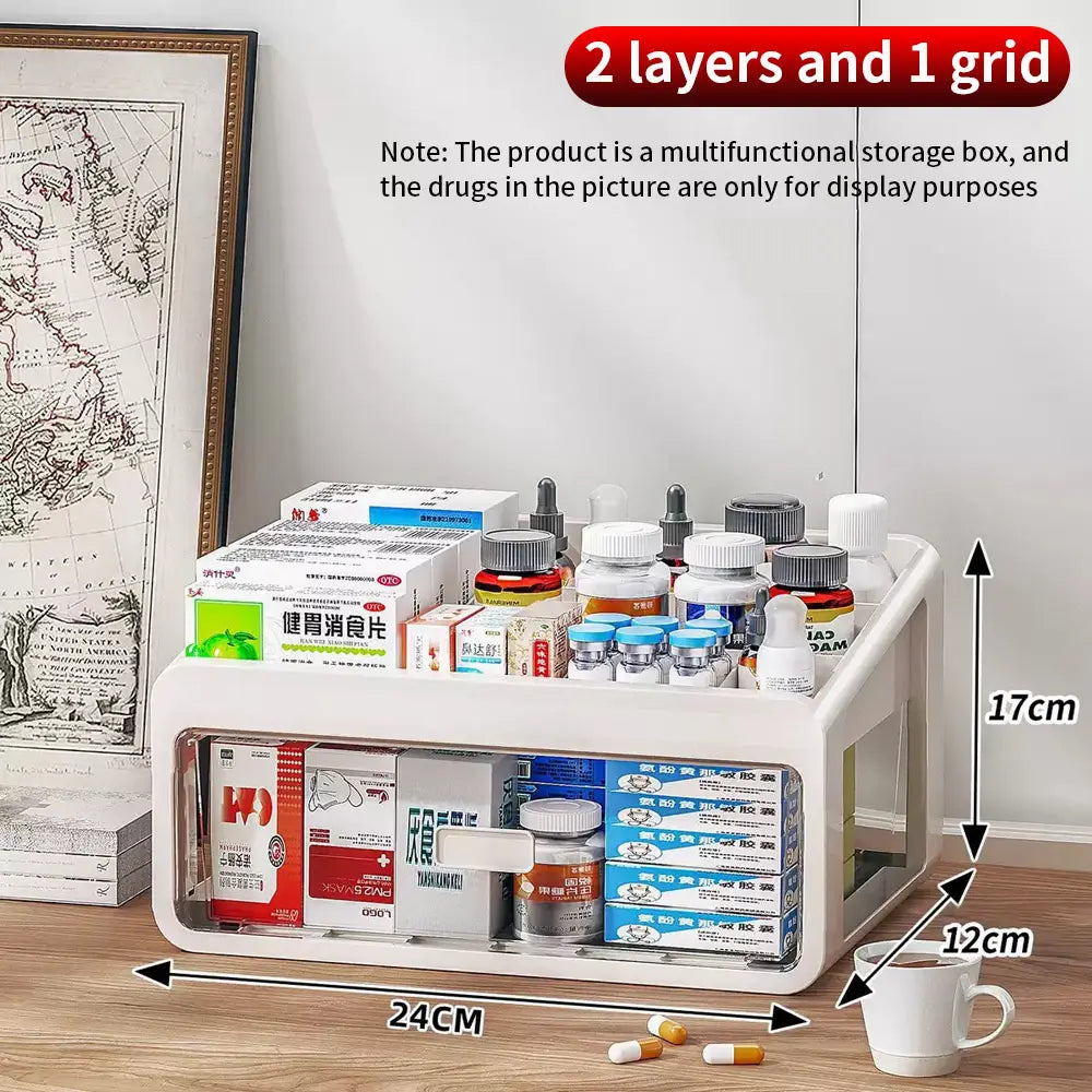 Weiße Kunststoff-Medikamenten-Aufbewahrungsbox mit mehreren Schichten, mit klarem Frontpanel und Gitterdesign für eine großvolumige, geordnete Aufbewahrung.