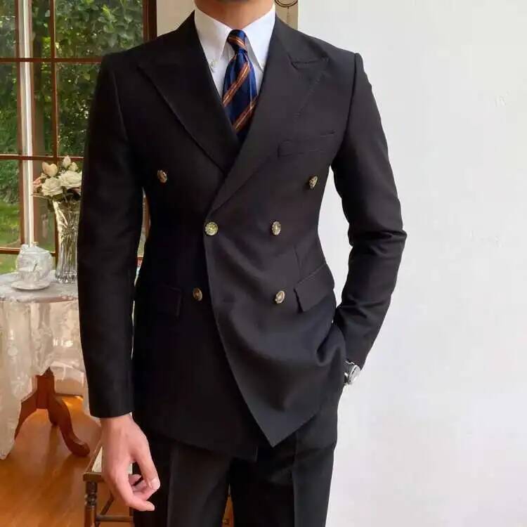 Hd2091ef9763a40bdb83aac82aa68af33o.jpg Black double breasted slim fit blazer jacket with gold toned buttons and tailored fit for men.