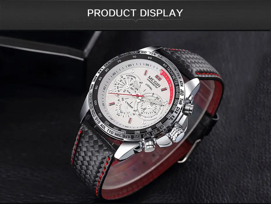 Megir 1010 men quartz chronograph watch with a silver-toned case white dial black and red textured strap and multiple subdials.