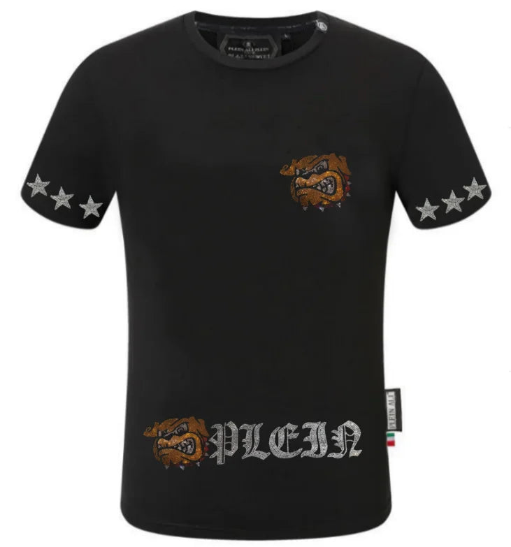 Black short-sleeved men rhinestone devil bear graphic tee featuring a brown bulldog graphic with silver star embellishments on the sleeves and chest.