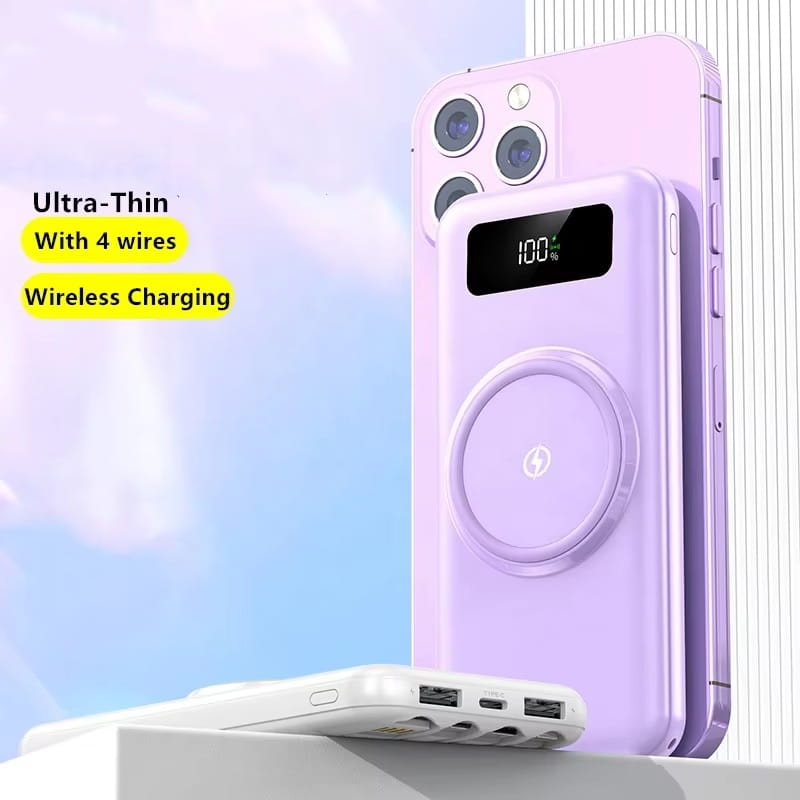 Lavender-colored ultra-thin wireless quick charge power bank with built-in micro usb cables digital display and li-polymer battery.