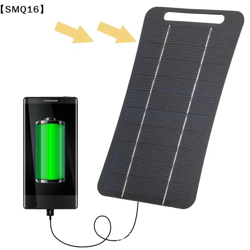 black flexible solar panel charging panel with three vertical silver lines and handle connected by usb cable to smartphone displaying charging battery to stay connected on the go