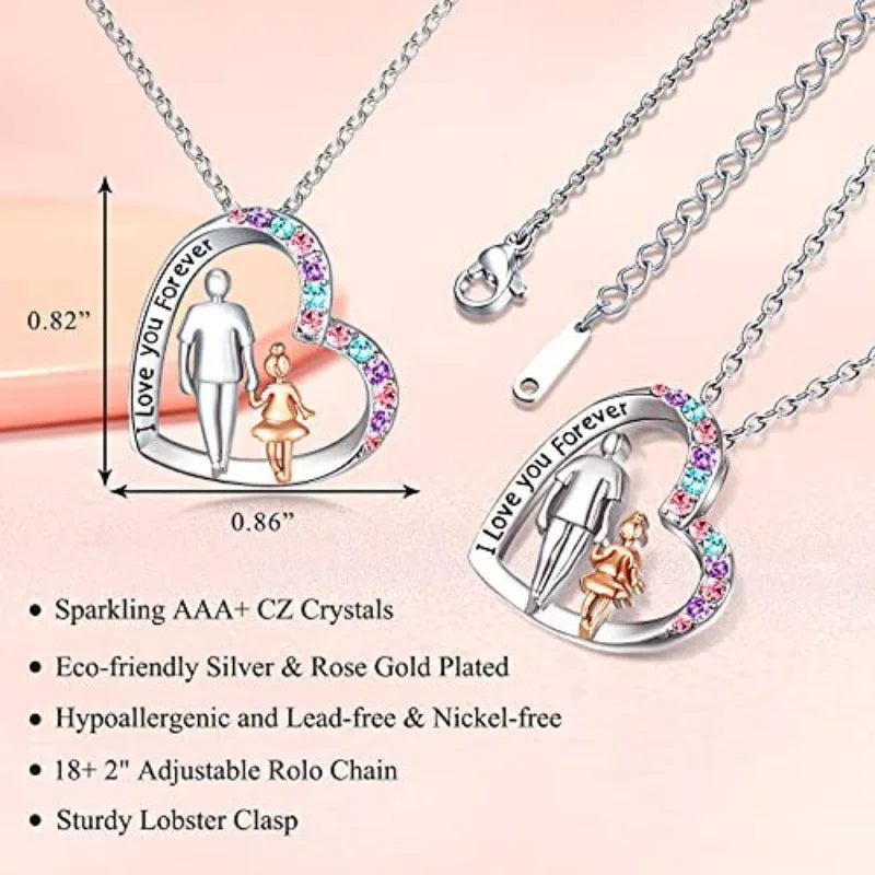 Father's Day Gift Heart Necklace Colorful Rhinestone Inlaid Laser Engraved Heart Pendant Sentimental Memorial Jewelry for Dad