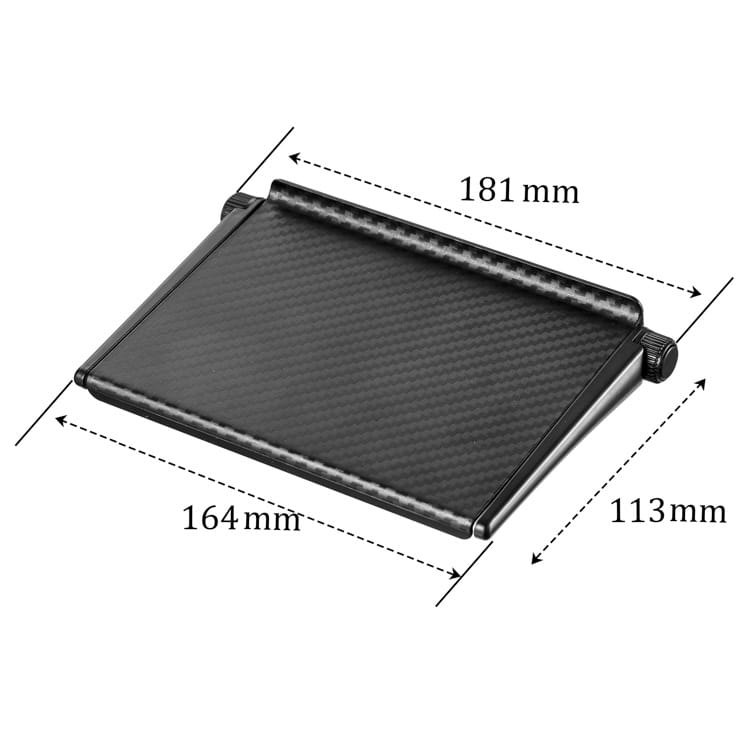 Adjustable screen top storage shelf monitor stand in black carbon fiber with textured surface and adjustable height for ergonomic laptop support.