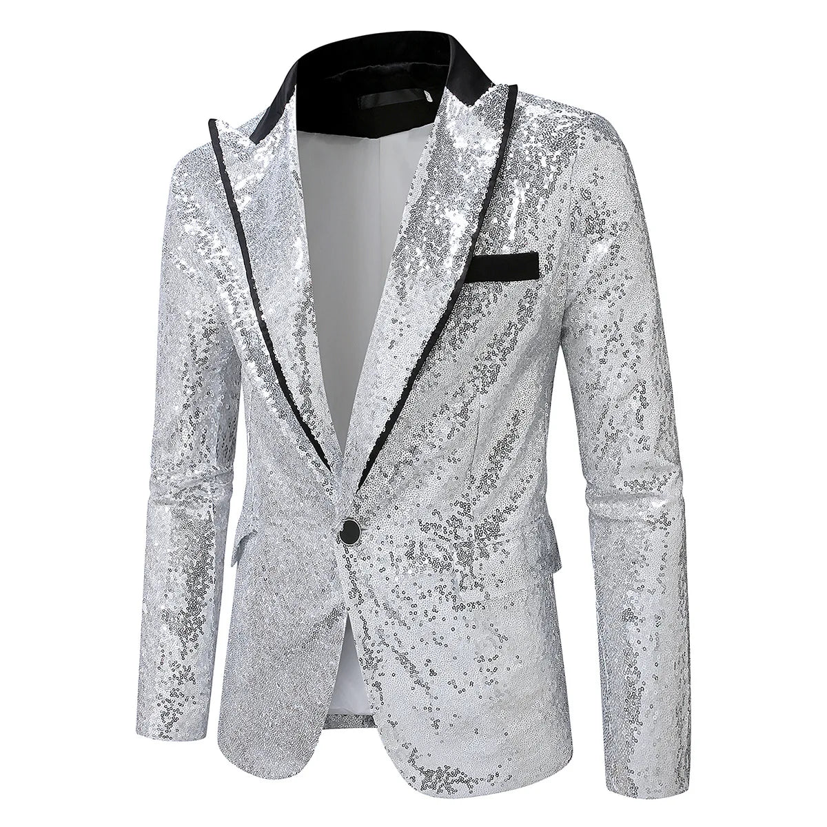 Blazer de soirée pour homme argenté à sequins, avec des finitions et un col noirs, conçu pour des événements formels.