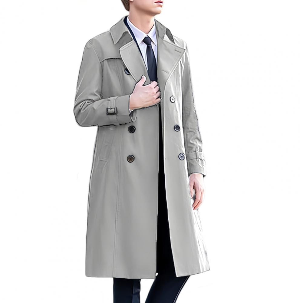 A sleek light gray men windbreaker casual trench coat with long sleeve length and classic double-breasted design featuring black buttons.