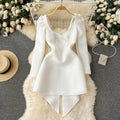 White Wedding Dress For Women Hollowed Out Backless Bow Decoration Short Dresses Waist Cinched Bubble Long Sleeve Fall Dress