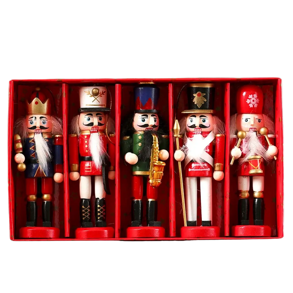 Five colorful wooden nutcracker dolls painted with festive soldier uniforms perfect for Christmas tree decorations